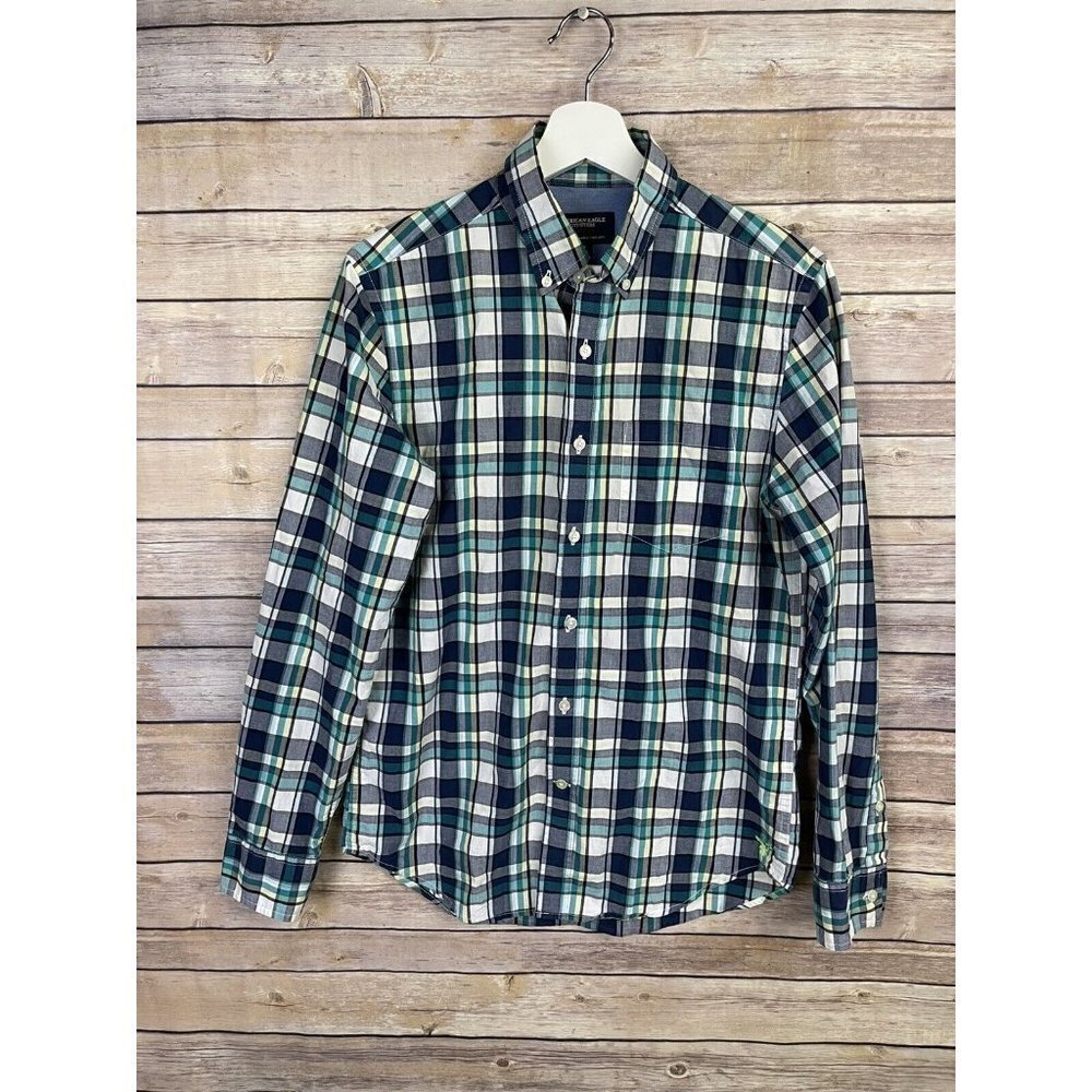 American Eagle Mens Small Athletic Fit Plaid Button Down Shirt Blue White Yellow